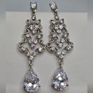 Cubic Zirconia CZ Silver-Tone Chandelier Drop Earrings Bridal Wedding Party